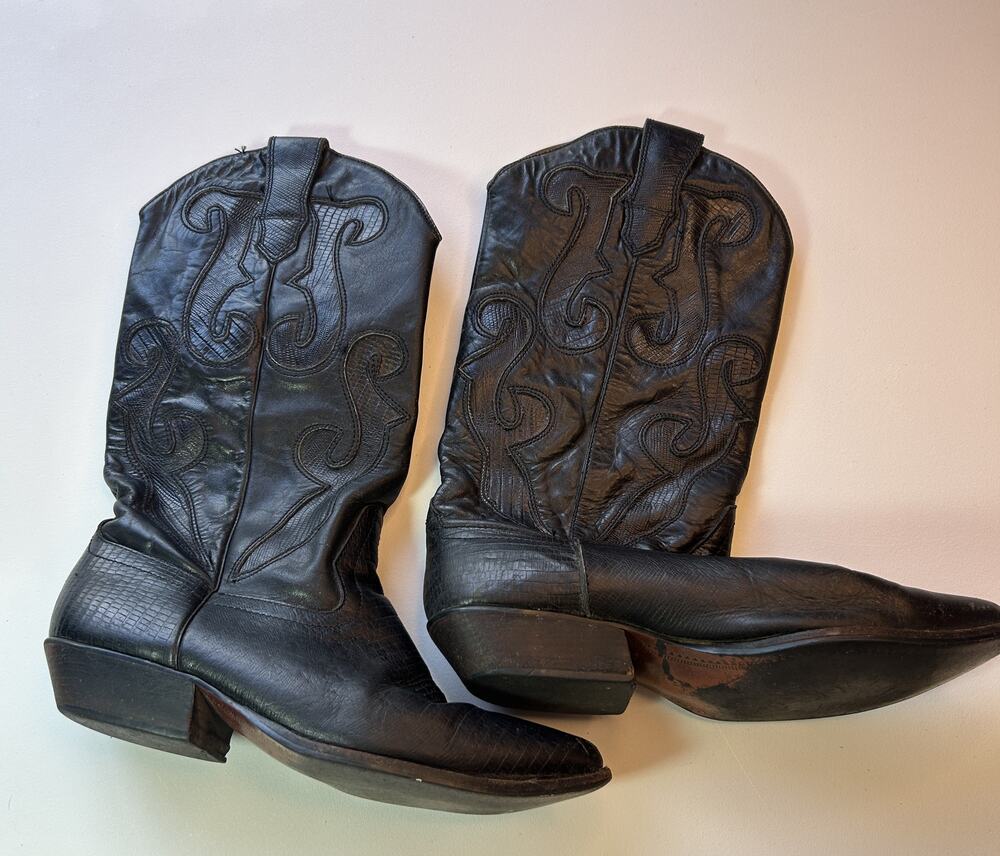 Vintage Black Leather Cowboy Boots Mens Western Pointed Toe